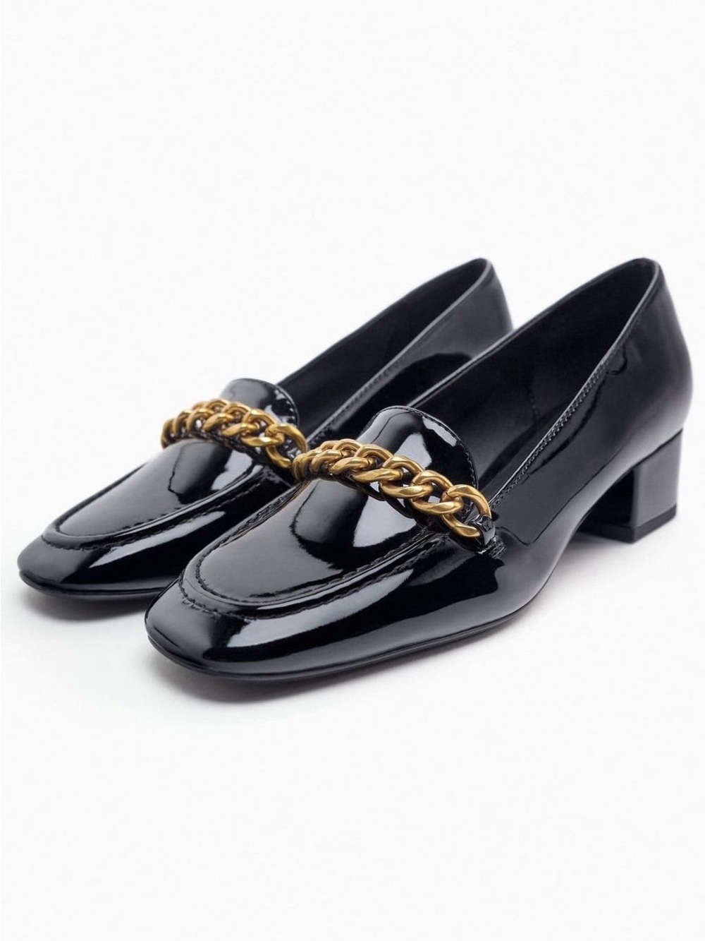 Zara Black Patent Loafers with Gold Chain Trim